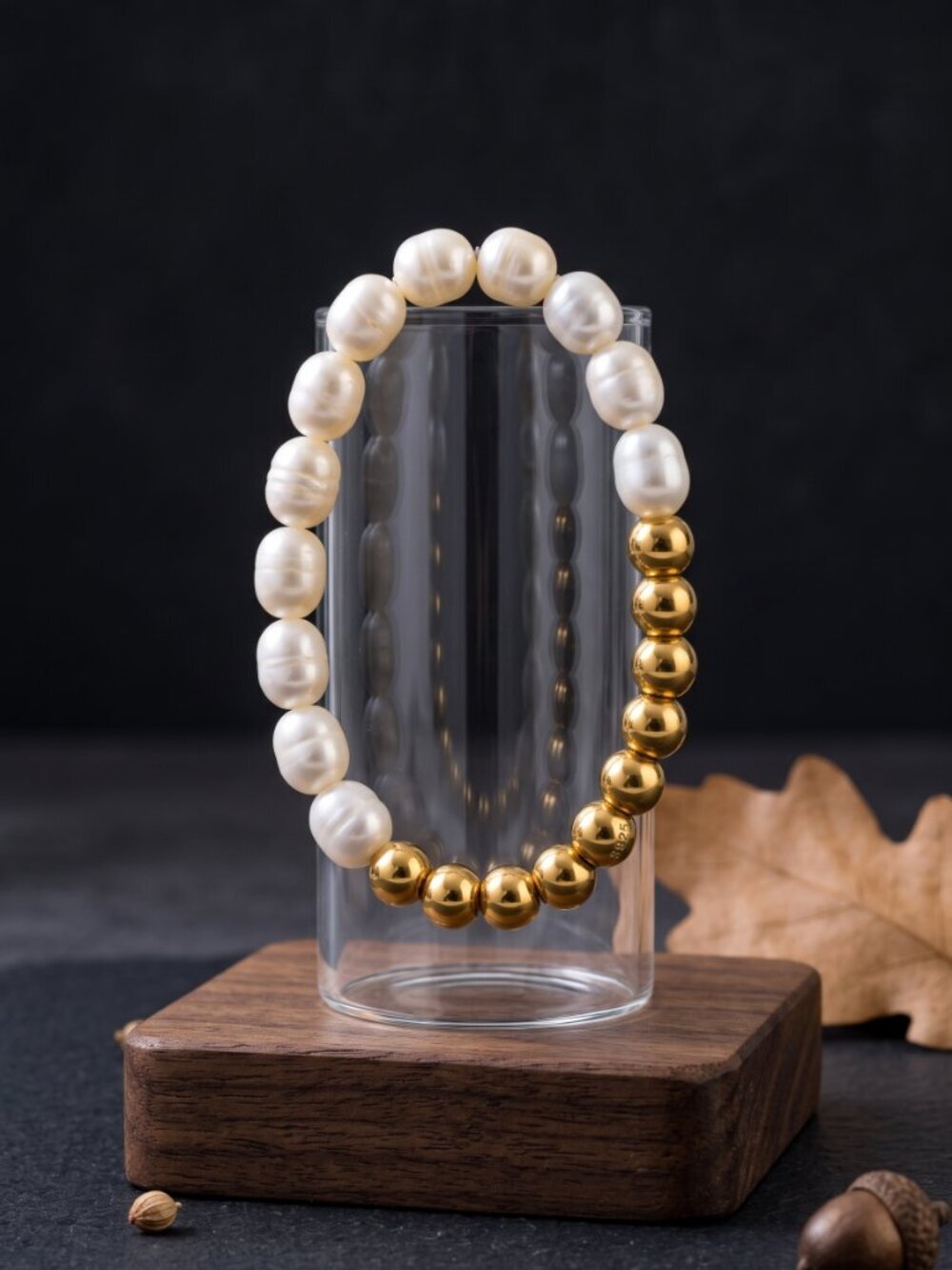 Freshwater Pearl Gold Bead Stretch Bracelet Stackable Old Money Boho Chic 6.3"
